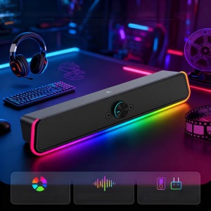 3D 서라운드 사운드 스피커 RGB 조명 및 라이트 터치 컨트롤이 있는 유선 컴퓨터 스피커, 노트북, 영화관, TV용 스테레오 서브우퍼, AUX 사운드 증폭