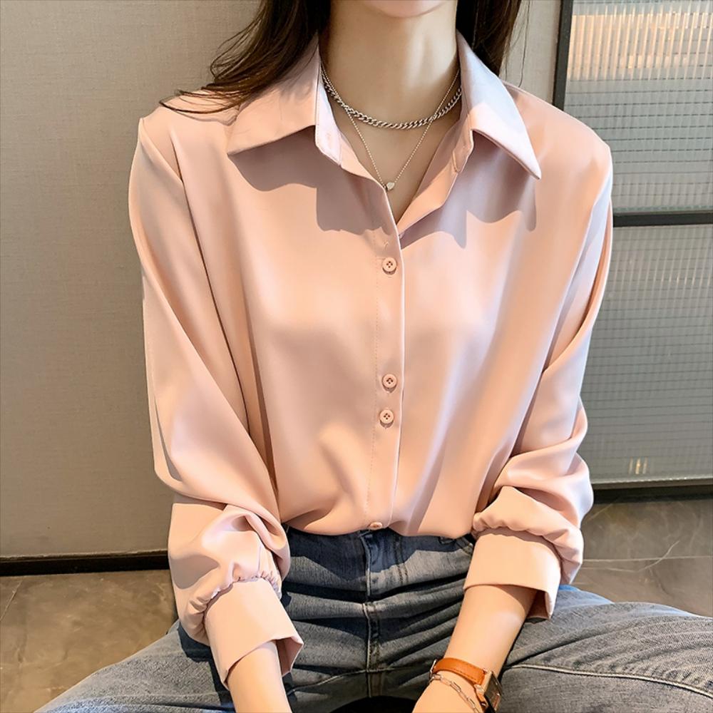 카라넥 통풍 데일리 무지 셔츠 여성 기본 쉬폰 긴팔 핑크레드 S