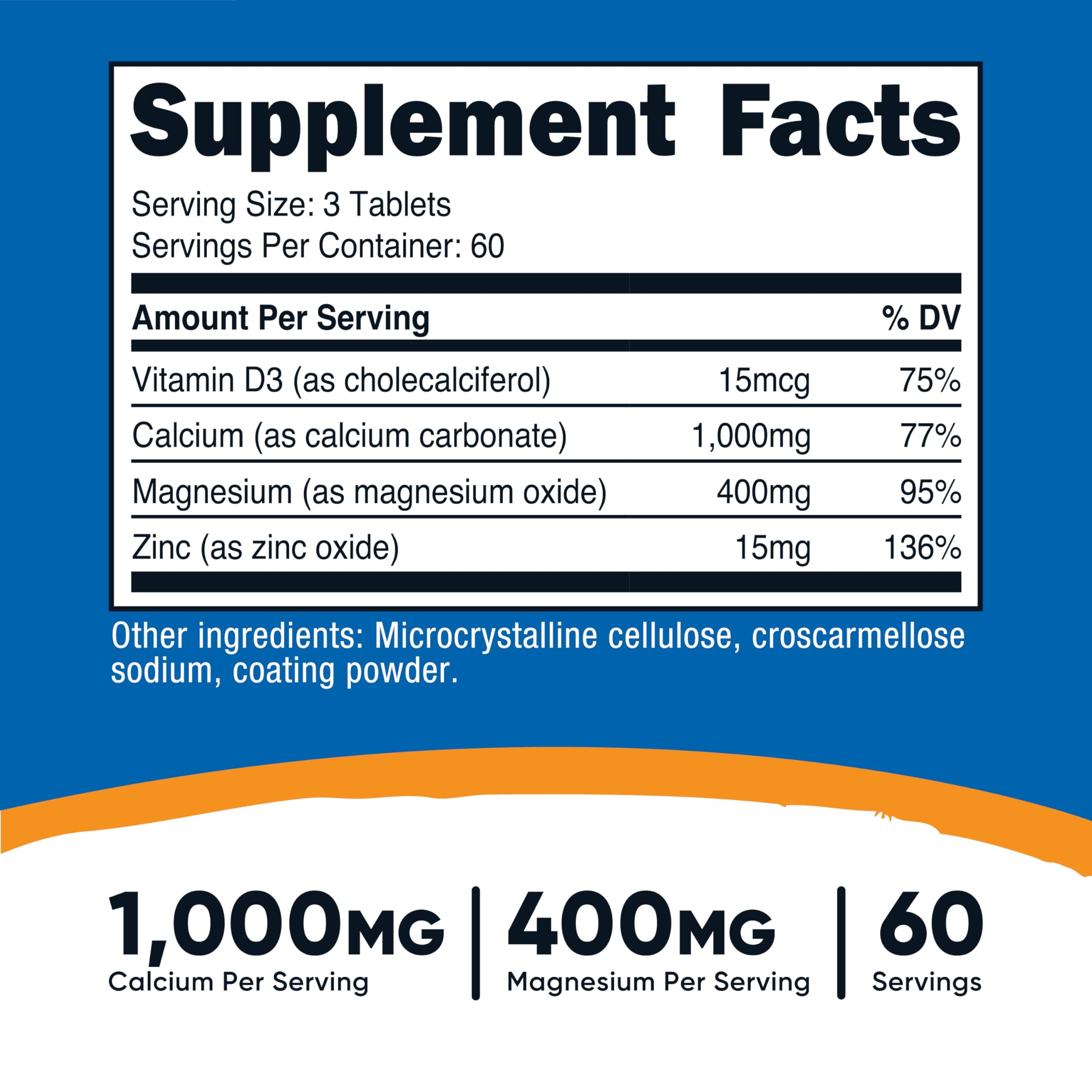Nutricost 칼슘 마그네슘 아연 1415mg 180정 비타민 미네랄 복합 보충제 1개