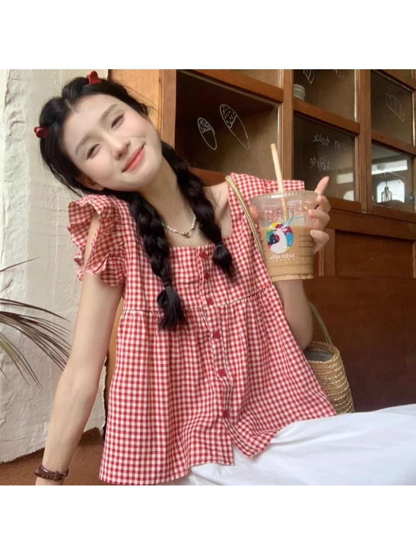 여성용 여름 스퀘어넥 깅엄 체크 프릴 소매 베이비돌 블라우스 루즈핏 반팔 셔츠 상의 블랙 화이트 깅엄체크 뷔스티에 셔링 가벼운 면혼방 데이트룩 나들이룩 빈티지 레드 XL