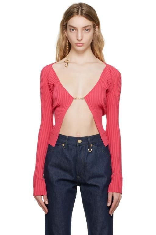 자크뮈스 리브드 니트 핑크 가디건 231553F095015 Pink Le Raphia La Maille Pralu Cardigan 68687666