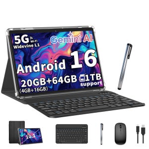 QDDQ 16 태블릿 10인치, 20GB (4GB + 16GB) RAM, 64GB ROM + 1TB 확장 가능, 쿼드코어 CPU, 5G, Wi-Fi 6, 1280 x 800 IPS