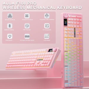 Aula F108PRO 무선 게이밍 키보드, 풀 사이즈 메카닉 키보드, 108개 핫스왑 및 프로그래밍 가능 키, RGB 백라이트, Mac/Pc/Android용