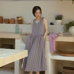 2026 봄, 여름, 가을 신상 레트로 체크 벨트 원피스