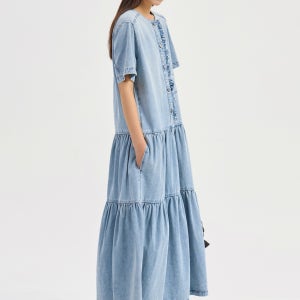 [럭키슈에뜨]ReOrder Ruffle Point Denim Long Dress (light blue) 라이트 블루 LFPDM26460BUL