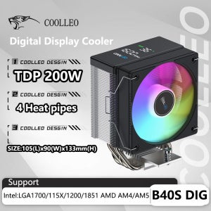 쿨레오 B40S DIG 4 히트파이프 CPU 쿨러 지능형 온도 표시 라디에이터 TDP 200W 공랭식 쿨러 (LGA1700 115X AM4 AM5 지원)
