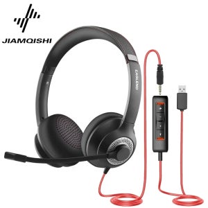 JIAMQISHI EH01 USB 헤드셋 PC 컴퓨터 헤드폰, 노이즈 감소 마이크 및 인라인 컨트롤 기능 탑재, 가정 및 사무실 온라인 수업용