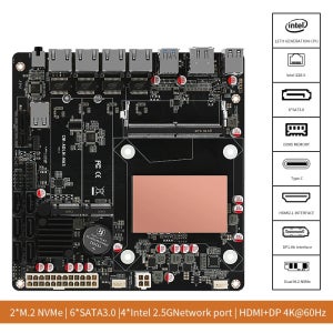 N100/N150 6베이 NAS 마더보드 4x 2.5G 네트워크 카드 6x SATA3.0 2x M.2 NVMe DDR5 17x17 미니 ITX 마더보드 PCIE DIY NAS