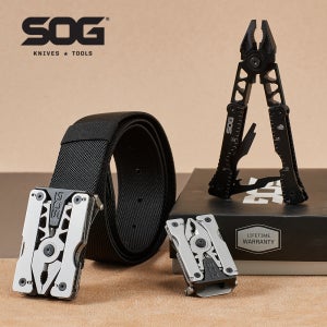 SOG Sync 남성용 미니 웨어러블 멀티툴 벨트 버클, EDC 여행자 멀티툴 접이식 플라이어, 나이프 및 12 가지 생존 도구 키트