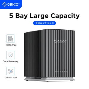 ORICO 2 5베이 USB C 하드 드라이브 인클로저 DAS 인클로저 개인용 스토리지(12V 4/10A 전원 어댑터 포함) 저소음 디자인 강력한 방열 기능
