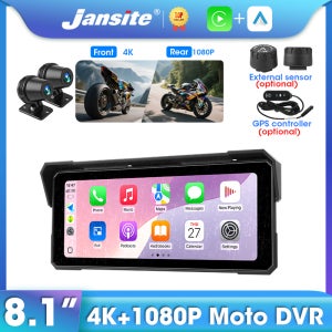 Jansite 8.1인치 또는 5인치 오토바이 DVR 또는 플레이어 카플레이 GPS 네비게이터 4K+1080P 듀얼 렌즈 무선 카플레이 안드로이드 오토 모토 스크린