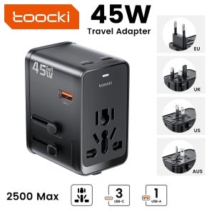 Toocki 45W GaN 범용 여행용 어댑터(3C1A 2500W 올인원 PD 고속 충전기 포함) iPhone용 삼성 샤오미 EU/UK/USA/AUS 플러그