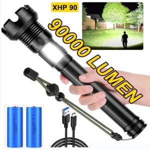 90000 루멘 LED 전술 손전등 충전식 XHP90 USB Zoomable 7 모드 슈퍼 밝은 투광 조명 스포트라이트 토치 라이트