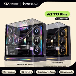 WJCOOLMAN AITO Plus ATX PC 케이스 9.16인치 소프트웨어 화면 RGB 라이트 스트립 360 수냉 쿨러 곡면 글래스 컴퓨터 케이스