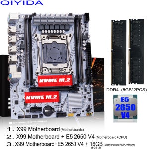 QIYIDA X99 마더보드 세트 키트 Xeon LGA2011-3 E5 2650 V4 2pcs*8gb=16GB DDR4 RAM USB PCI 3.0 NVME M.2 SATA M-A