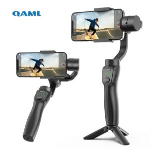 QAML F8 2025 3축 휴대폰 짐벌, 손떨림 방지, 무선 리모컨, USB-C 충전, iPhone/Xiaomi/액션캠에 적합, 컴팩트 블랙.