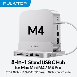 PULWTOP 맥 미니 M4 허브 4TB M.2 SSD 인클로저 (SSD 미포함) USB-A/C 3.2 10Gbps, USB-A 2.0, 오디오, SD/TF 슬롯