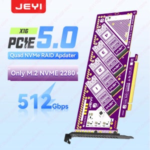 JEYI PCIe 5.0 X16 쿼드 M.2 확장 카드 - 4베이 NVMe RAID 0/1/5/JBOD |   512Gb/s 속도 |   SSD당 8TB |   PCIe 4.0/3