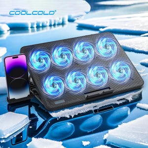 COOLCOLD 노트북 쿨링 패드(8개의 저소음 팬 포함) 15.6-17.3인치 7단계 높이 조절 가능 속도 조절 가능 휴대폰 홀더 포함