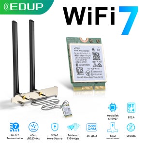 EDUP MT7927 Pro WiFi 7 PCIe 어댑터 트라이 밴드 2.4G 5G 6GHz 최대 9334Mbps MLO 6dBi 안테나 BT5.4 WPA3 (리눅스, 윈도우11 