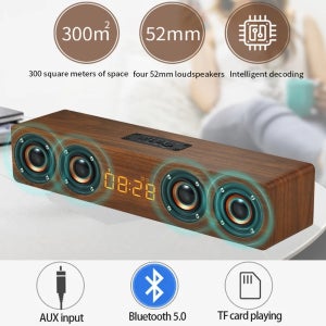 가정용 또는 E-스포츠 게임 룸 장식용 Bluetooth 사운드바 서브우퍼 스피커 및 FM 라디오가 포함된 충전식 목재 알람 시계