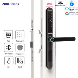슬림 2.8CM 방수 슬라이딩 도어 스마트 잠금 지문 암호 IC 카드 키 호환성 TTlock App 및 Alexa 생체 인식 헤더
