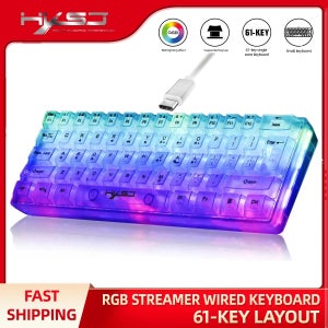 HXSJ 60% 유선 투명 게임용 키보드, RGB 백라이트 초소형 방수 소형 컴팩트 61 키 키보드(PC/Mac용)