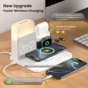7-in-1 MagSafe 알람 시계 충전기-iPhone 12-16/Samsung/Xiaomi/Huawei/Apple Watch/AirPods용 무선 스테이션(야간 조명 포함)