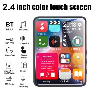 2.4인치 터치스크린 MP3 플레이어 내장 4GB Bluetooth MP4 플레이어 메모리 확장, 오디오 녹음, FM 라디오, 비디오 재생.