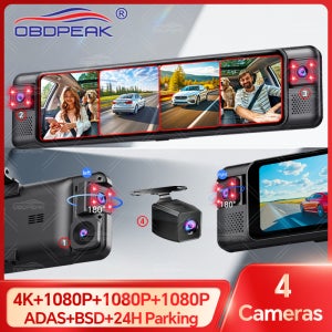 OBDPEAK 4CH 11인치 4K+1K+1K+1K 백미러 360 °   대시 캠 ADAS BSD WiFi 나이트 비전 24H 주차 모니터 시간 경과 자동차 DVR