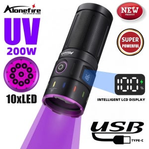 200W 10x LED 365nm UV 손전등 고출력 블랙라이트 토치 USB 충전식 애완동물 소변 얼룩 전갈 돈 형광등