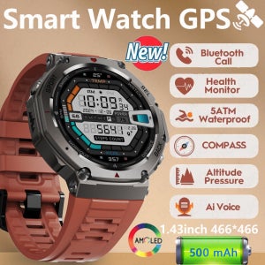 2025 군용 GPS 방수 스마트워치 1.43인치 HD AMOLED 내장 6주파수 위성 야외 스포츠 피트니스 스마트워치 남성용