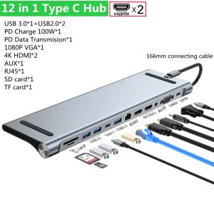 11/12-in-1 C타입 허브, 4K HDMI 호환 멀티 포트 어댑터 독 스테이션, USB 3.0, RJ45 SD/TF VGA PD, 노트북 맥북 아이패드용