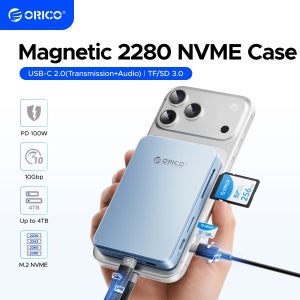 ORICO 10Gbps 마그네틱 M.2 NVMe SSD 인클로저 (SD/TF 3.0 카드 리더, 오디오 USB C 포트, PD100W 지원) 아이폰 17/16/15 Pro/ProM