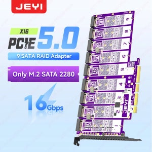 JEYI 9베이 PCIe 5.0 - X16 M.2 SATA 어댑터 16Gbps 지원 2280 NGFF SATA SSD PCIe X4/X8/X16 지원 RAID 0/1/5 지원
