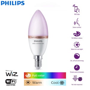 필립스 스마트 LED 4.9W E14 캔들 조명 WiZ 와이파이 & 블루투스 전구 220-240V 1600만색 풀컬러 무광 디밍 가능 램프 CRI90