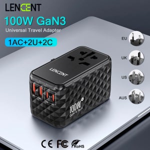 LENCENT 100W GaN 범용 여행용 어댑터(USB-A 2개 + C형 2개 지원) PD3.0, QC4 고속 충전 EU/UK/USA/AUS 여행용 플러그