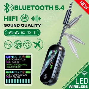 멀티포인트 블루투스 5.4 오디오 송신기 수신기 컬러 LED 디스플레이 3.5mm AUX HIFI 스테레오 음악 듀얼 스트림 무선 어댑터 (마이크 포함) TV PC 스피커 자동차 