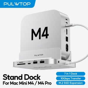 PULWTOP 수직 Mac Mini M4 허브(M.2 SSD 인클로저 포함), USB A/C 3.2, 오디오 마이크, SD/TF, Mac Mini M4/M4 Pro용 USB-C 허