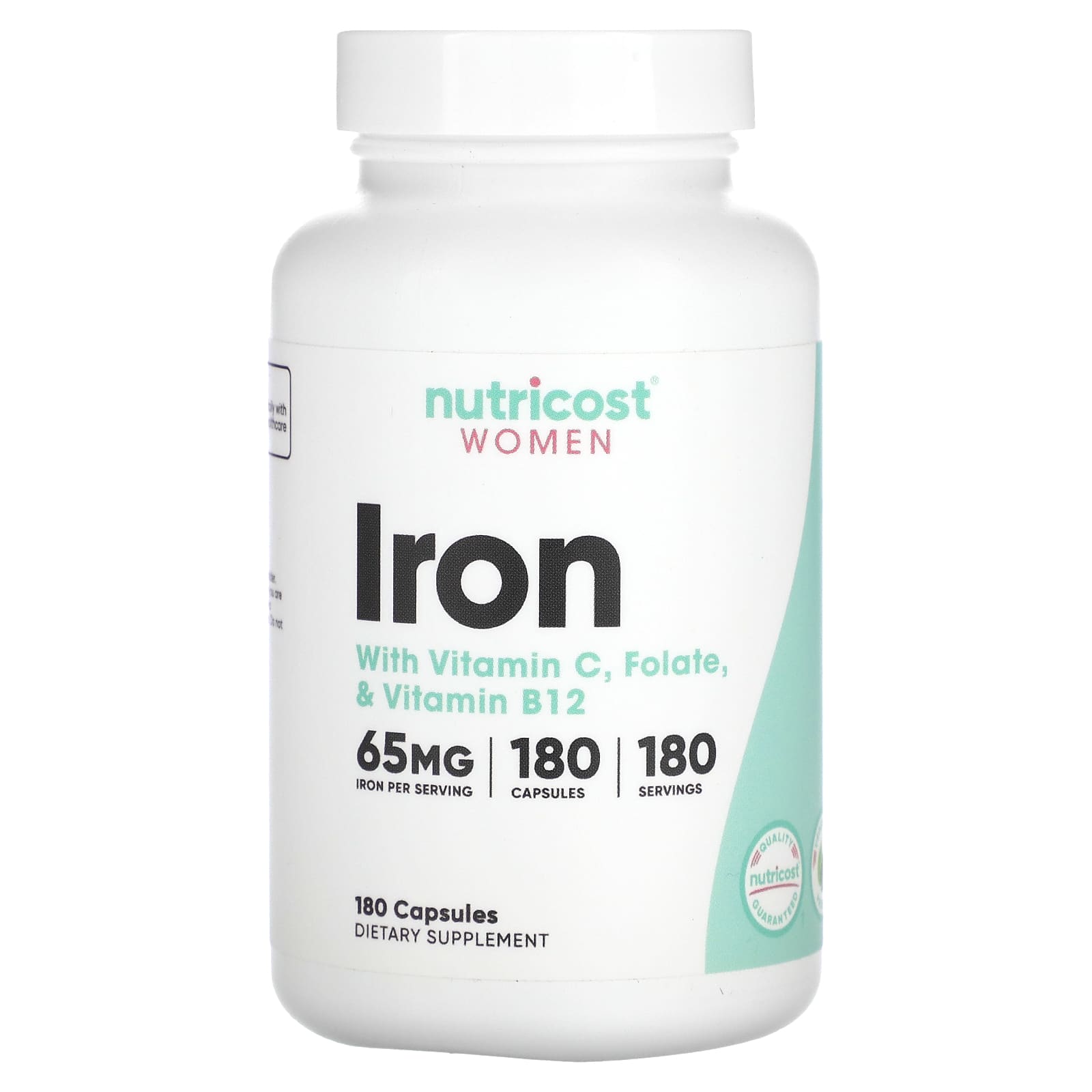 Nutricost 우먼스 철분 비타민C 엽산 비타민B12 함유 65mg 180 캡슐 1개