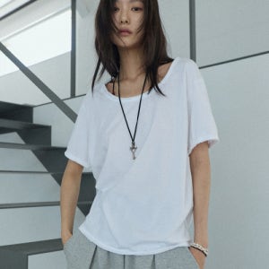 [렌세] Raw Edge U-Neck Half Tee White RS0297