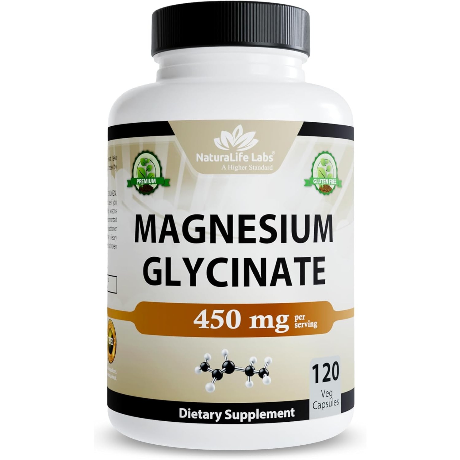 NaturaLife Labs 마그네슘 글리시네이트 450 mg 영양제 비건 캡슐 1개 120정