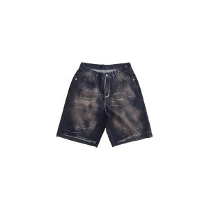 [WANGXINGYU : 왕신규] DARK BLUE WASHED DISTRESSED FLOCKED DENIM BURNOUT SPRAY RIVET SIX-POINT SHORTS