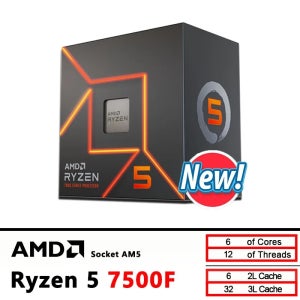 AMD R5 7500F BOX Ryzen 5 7500F 3.7GHz 6코어 12스레드 CPU 5NM L3=32M 100-000001015 소켓 AM5 트레이 새 제품(쿨러 없음)