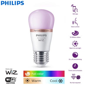 필립스 WiZ 4.9W E27 P45 Wi-Fi & 블루투스 LED 스마트 미니 볼 전구 220-240V 1600만색 풀컬러 조광 가능 램프