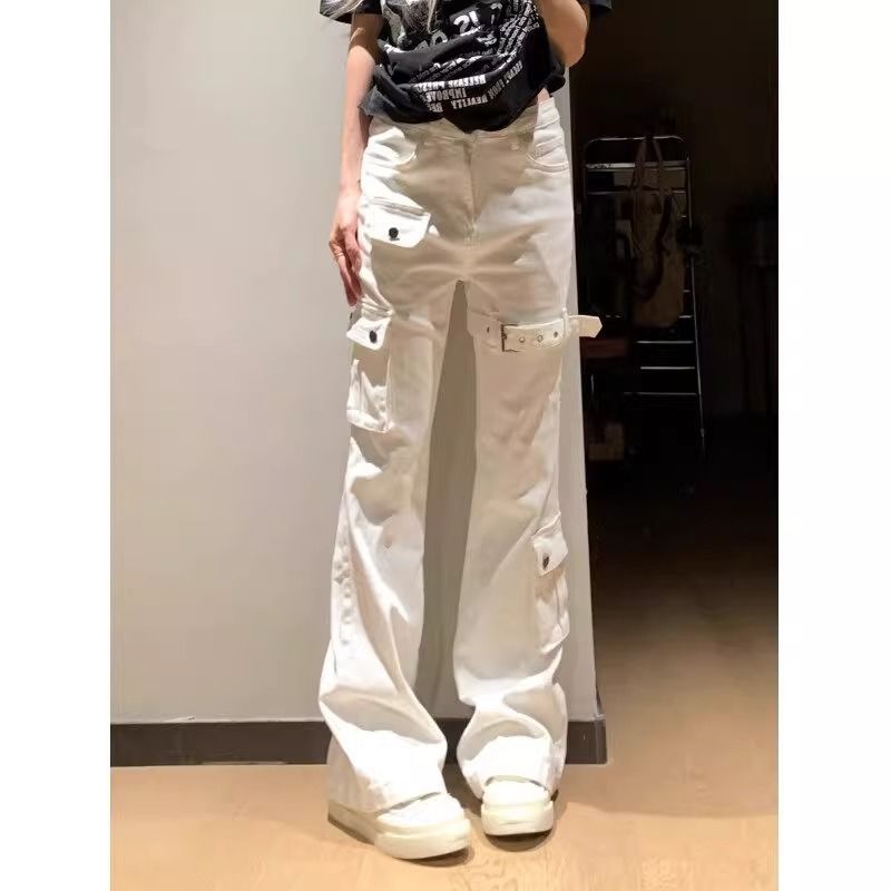 캐주얼 여성 카고 팬츠 봄 여름 하이웨스트 슬랙스 바지 루즈핏 여자 부츠컷 데님 팬츠 CY 화이트 S