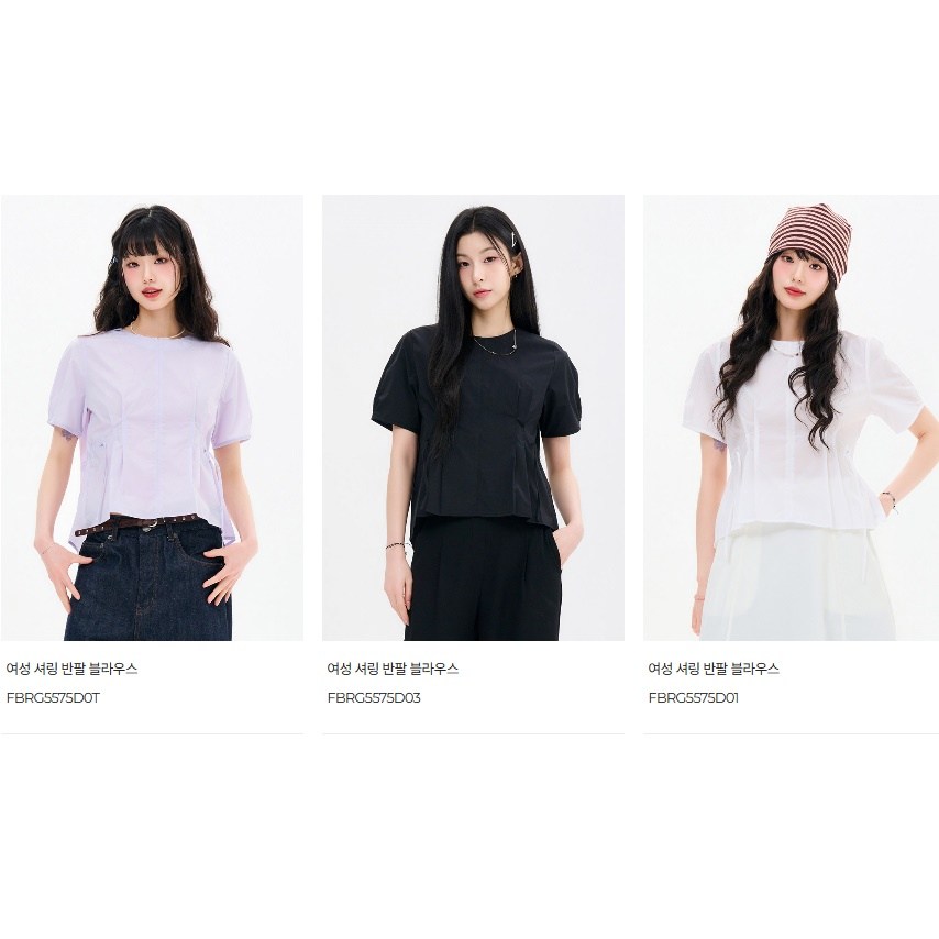 체이스컬트 체이스플러스 동아강북 여성 소매단 턱 디테일로 볼륨감있는 소매연출 허리스트링으로 허리라인 연출하여 여성스러운 무드를 연출함 셔링 반팔 블라우스 FBRG5575 화이트