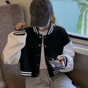 여성 크롭 자켓 루즈핏 데일리 바시티 여성 오버핏 자켓 간절기 스트라이프 야구 점퍼 소매 XL 블랙