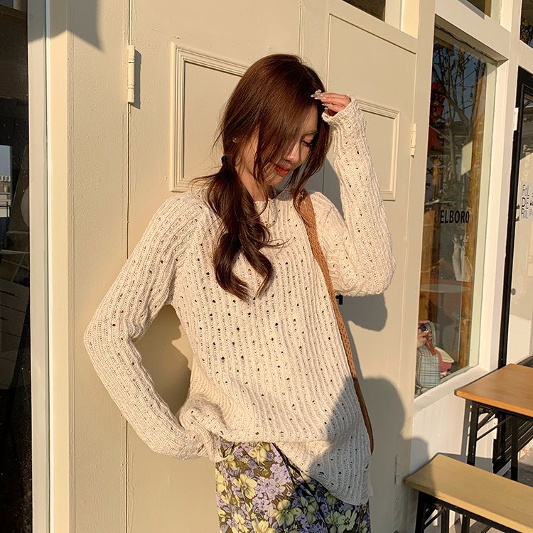 봄 가을 여자 롱 니트티 루즈핏 펀칭 스웨터 여성 라운드넥 패션 상의 LCL 아이보리 S