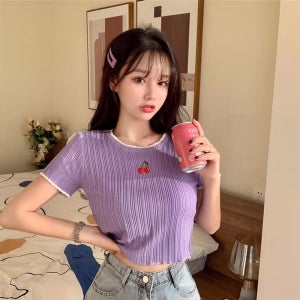 봄 여름 여성 반크롭 체리자수 날씬해보이는 캐주얼